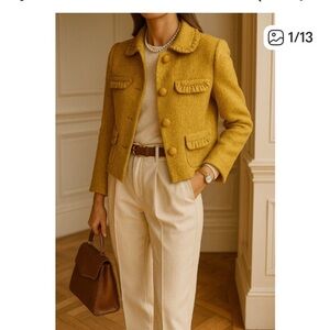 J. Crew 2009 Ruffled Trim Wool Blend Bouclé Lady Jacket Mustard 2